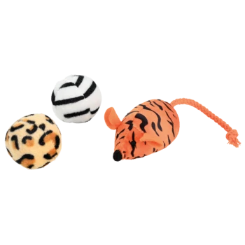 Plüsch-Maus-Spielzeug in orange mit Tigerstreifen, geflochtener Schwanz und zwei flauschigen Bällen, einer im Leoparden- und einer im Zebramuster.