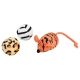 Jouet souris en peluche orange rayée tigre avec queue tressée et deux boules duveteuses, une à motif léopard et une à motif zèbre.