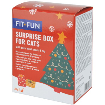 Rote FIT+FUN „Surprise Box for Cats“ Feiertagsbox mit Weihnachtsbaum-Illustration; Text lautet „with duck meat snack & toy“ (auf Englisch), 30 g.