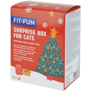 Rote FIT+FUN „Surprise Box for Cats“ Feiertagsbox mit Weihnachtsbaum-Illustration; Text lautet „with duck meat snack & toy“ (auf Englisch), 30 g.