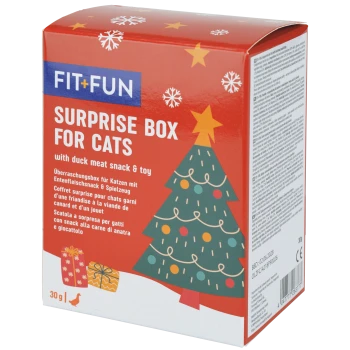 Rote FIT+FUN „Surprise Box for Cats“ Feiertagsbox mit Weihnachtsbaum-Illustration; Text lautet „with duck meat snack & toy“ (auf Englisch), 30 g.