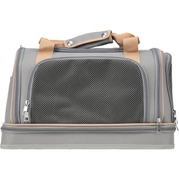 Grau Haustierträger mit Netzpaneelen, doppelten Reißverschlüssen und hellbraunen Riemen, entworfen für komfortables Reisen mit Haustieren.