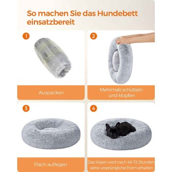 'So machen Sie das Hundebett einsatzbereit': ausgepackte Rolle, Aufschütteln, flaches graues Donut-Bett, kleiner schwarzer Hund.