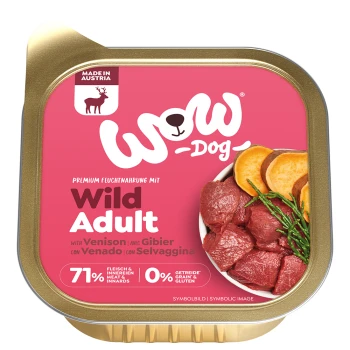 Verpackung für Hundefutter für Erwachsene der Marke "WOW" mit pinkem Hintergrund, das "Mit Wild", Algen und Süßkartoffel hervorhebt. 71% Fleisch, 0% Getreide/Gluten.