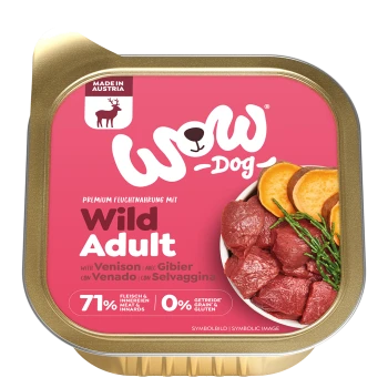 Verpackung für Hundefutter für Erwachsene der Marke "WOW" mit pinkem Hintergrund, das "Mit Wild", Algen und Süßkartoffel hervorhebt. 71% Fleisch, 0% Getreide/Gluten.