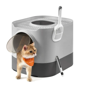 Eine verspielte Katze mit einem orangefarbenen Halstuch kommt aus einer modernen, grauen Katzentoilette mit einer transparenten Tür und einem angehängten Schaufel.