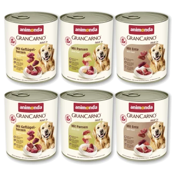 Sechs Dosen Animonda GranCarno Adult Hundefutter (Geflügelherzen, Pansen, Ente) mit Golden Retriever auf den Etiketten.
