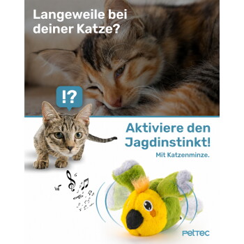 Bild eines verspielten Katzenspielzeugs in Form eines bunten Vogels, das die Interaktion für Katzen fördert. Text lautet "Aktiviere den Jagdinstinkt! Mit Katzenminze."