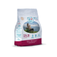 Swiss Natural Adult Mini Hundefutterbeutel, 1 kg, 72 % Rind, Foto einer Person, die mit einem Hund sitzt, Slogan 'Rieche es. Schmecke es. Liebe es!'.