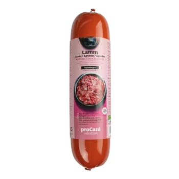 Hypoallergenes Lamm-Haustierfutter in einer wurstförmigen Verpackung, mit einer Schüssel mit Hackfleisch und Text, der die natürlichen Zutaten hervorhebt.