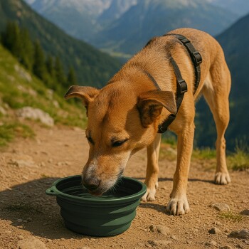 Brauner Hund mit schwarzem Geschirr trinkt Wasser aus einer zusammenklappbaren grünen Schale auf einem Bergpfad.