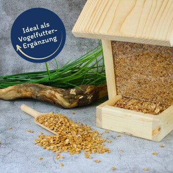 Eine hölzerne Schüssel mit goldenem Tierfutter ruht auf einer Holzoberfläche, umgeben von grünen Pflanzen und gelben Blumen, mit einem goldenen "PREMIUM" Abzeichen.