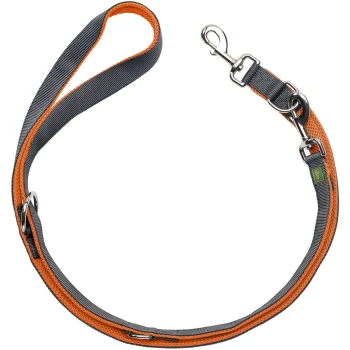 Graue und orange Hundeleine mit einem Metallclip und einem gepolsterten Griff, entworfen für Komfort und Haltbarkeit.