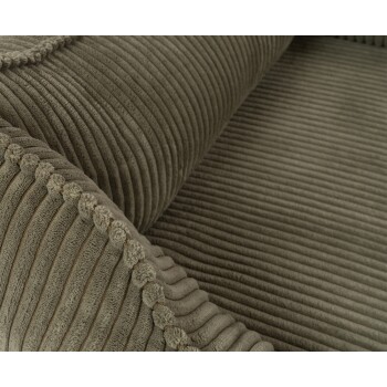 Nahaufnahme eines weichen, strukturierten Haustierbettes in gedämpftem Grün, mit geripptem Stoff und dekorativem Besatz entlang der Kanten.