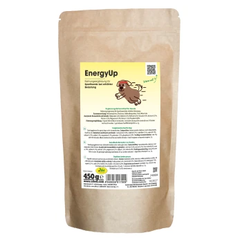 Braune Papiertüte mit der Aufschrift "cdVet EnergyUp", die 450g Haustierergänzungsmittel enthält, mit Nährwertangaben und Anwendungshinweisen auf der Rückseite.