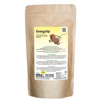 Braune Papiertüte mit der Aufschrift "cdVet EnergyUp", die 450g Haustierergänzungsmittel enthält, mit Nährwertangaben und Anwendungshinweisen auf der Rückseite.