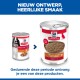 Twee blikken Hill's Science Plan hondenvoer (oud links, nieuw rechts) met labels 'Adult 1-6', 'gezond recept met kalkoen', 'Loaf Pâté'