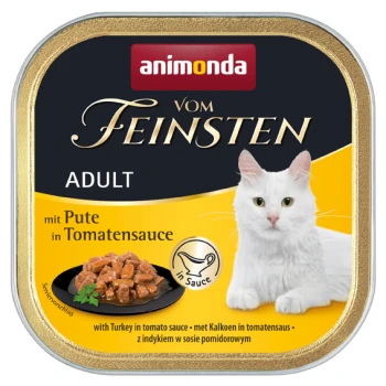 Katzenfutterverpackung mit einer weißen Katze, mit dem Text "animonda vom Feinsten ADULT mit Pute in Tomatensauce" und einem Futternapf.