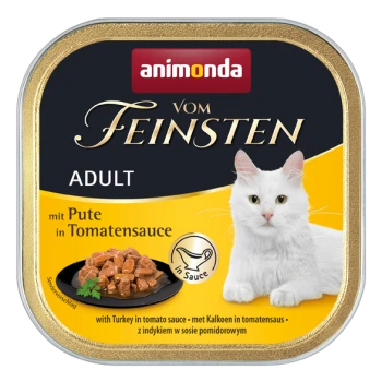 Katzenfutterverpackung mit einer weißen Katze, mit dem Text "animonda vom Feinsten ADULT mit Pute in Tomatensauce" und einem Futternapf.