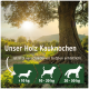 Holzkauknochen für Hunde in drei Größen erhältlich: unter 10 kg, 10-20 kg und 20-30 kg, mit Baum- und Sonnenuntergangshintergrund.