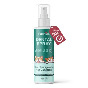 Pawlie's Dental Spray für Haustiere, 100 ml Flasche, mit verspielten Hundillustrationen und Text, der Vorteile gegen schlechten Atem und Zahnstein hervorhebt.
