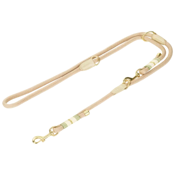 Laisse pour chien tissée beige avec fermoirs métalliques dorés et bandes décoratives vertes et blanches.