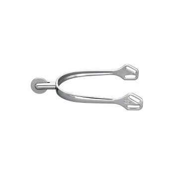 Ein glänzender Metallsporn mit einer runden Befestigung und zwei gezackten Enden, entworfen für den Reitsport.