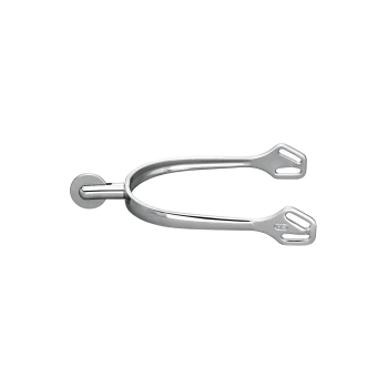 Ein glänzender Metallsporn mit einer runden Befestigung und zwei gezackten Enden, entworfen für den Reitsport.