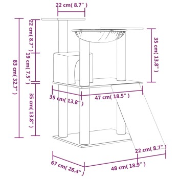 Katzenbaumdiagramm mit Abmessungen: Höhe 83 cm (32,7"), Basis 67 cm (26,4"), Plattformen 22 cm (8,7") und 35 cm (13,8").