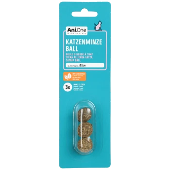AniOne Katzenminzball-Packung mit drei 2cm Bällen, mehrsprachig beschriftet, für Katzen mit Katzenminzgehalt.