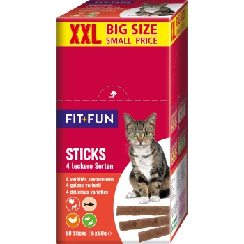 Emballage de friandises pour chats présentant un chat tigré, étiqueté "FIT+FUN STICKS" avec "XXL BIG SIZE SMALL PRICE," et des détails sur les saveurs et la quantité.