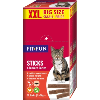 Cat treat packaging featuring a tabby cat, labeled "FIT+FUN STICKS" with "XXL BIG SIZE SMALL PRICE," and details on flavors and quantity.