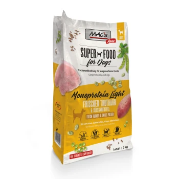 MAC's Super Food für Hunde, Monoprotein Light, 3 kg Beutel mit frischem Truthahn und Süßkartoffel, mit Zutaten wie Leinsamen und Erbsen.