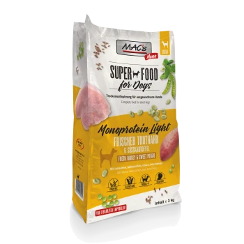 MAC's Super Food für Hunde, Monoprotein Light, 3 kg Beutel mit frischem Truthahn und Süßkartoffel, mit Zutaten wie Leinsamen und Erbsen.