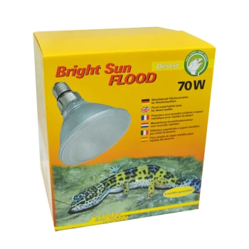 Bright Sun FLOOD Desert 70 W Verpackung der Bright Sun Flood 70W Lampe für Wüstenreptilien, mit einer Metallhalogenlampe und einem Bild eines Leopardgeckos.