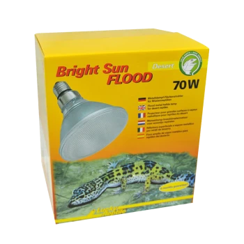 Verpackung der Bright Sun Flood 70W Lampe für Wüstenreptilien, mit einer Metallhalogenlampe und einem Bild eines Leopardgeckos.