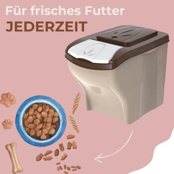 Beige-brauner Futteraufbewahrungsbehälter mit Futternapf, Knochen und Pfotenabdrücken und Text 'Für frisches Futter JEDERZEIT' auf rosa Hintergrund.