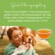Tägliche Fütterungsempfehlung für Hunde: kleine Hunde 1 Kappe, große Hunde 2 Kappen des flüssigen Supplements, mit einer Schüssel des Produkts gezeigt.