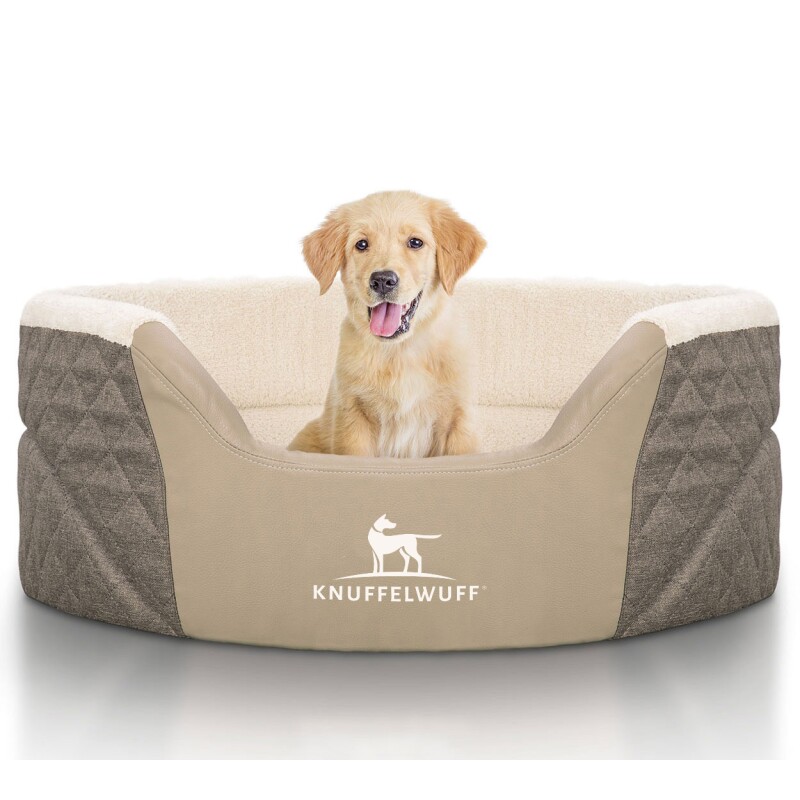Knuffelwuff Orthopädisches Hundebett Lena aus Velours und Kunstleder mit hohem Schaumstoffrand braun/ beige M-L