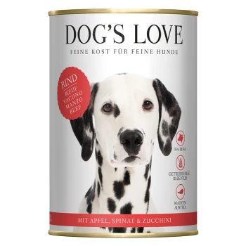 Nourriture en conserve pour chiens Dog's Love, avec une formule de bœuf avec pomme, épinards et courgette. Fabriqué en Autriche.