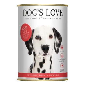 Hundefutter in Dosen von Dog's Love, mit einer Rindfleischformel mit Apfel, Spinat und Zucchini. Hergestellt in Österreich.