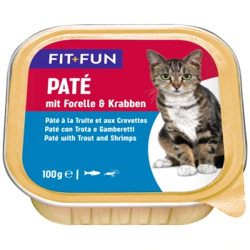 Katzenfutterverpackung mit einer getigerten Katze, beschriftet mit "FIT+FUN PATÉ mit Forelle & Krabben" mit Übersetzungen und einer Gewichtsanzeige von 100g.