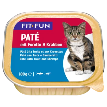 Katzenfutterverpackung mit einer getigerten Katze, beschriftet mit "FIT+FUN PATÉ mit Forelle & Krabben" mit Übersetzungen und einer Gewichtsanzeige von 100g.