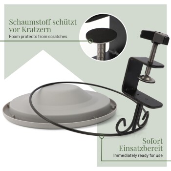 Bild eines Klemmbereichs für Haustierschalen mit Schaumstoffschutz, beschriftet mit "Sofort Einsatzbereit" und "Schaumstoff schützt vor Kratzern."