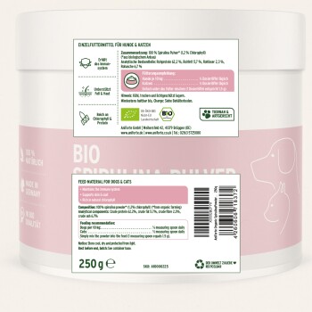 Weißes Glas mit rosa Etikett für BIO Spirulina Pulver (Futtermittel für Hunde und Katzen), 250 g, Barcode und Hund-/Katzensilhouette.