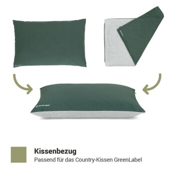 Grüner Haustierkissenbezug mit einer grauen Unterseite, beschriftet mit "Kissenbezug" und "Passend für das Country-Kissen GreenLabel."