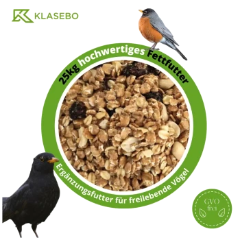 25 kg hochwertiges Fettfutter für freilebende Vögel, mit sichtbaren Haferflocken und Nüssen, mit einer Amsel und einem Rotkehlchen. GVO-frei.