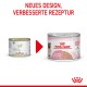Zwei Dosen Royal Canin Haustierfutter: "Pediatric Weaning" links und "Mother & Babycat" rechts, mit "NEUES DESIGN, VERBESSERTE REZEPTUR."