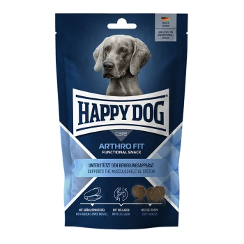 Care Snack Arthro Fit 2x100 g Happy Dog care ARTHRO FIT funktionale Snackverpackung mit einem grauen Hund auf der Vorderseite, mit Text, der die Unterstützung des Bewegungsapparates hervorhebt.