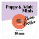 Etikett 'Puppy & Adult Minis' zeigt kleine Kroketten in einem orangefarbenen Kreis mit der Bezeichnung 'small', handschriftlich 'Kleine Kibbles' und '10 mm'.